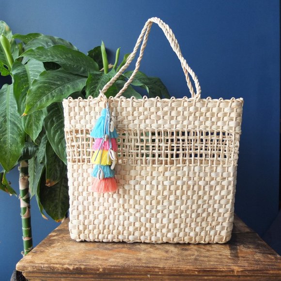 Handbags - Beach Tote Hyacinth Weave Shells Tassles - Blue